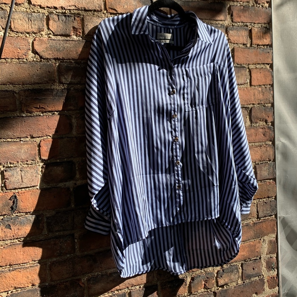 UO silky oversized vertical stripe button shirt